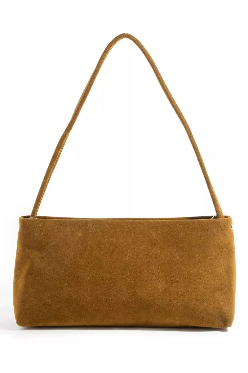 Fame Faux Suede Rectangle Bag in brown, showcasing its classic rectangular design and durable faux suede material for a sophisticated look.