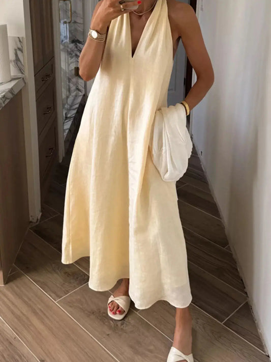 Halter V-Neck Linen Midi Dress.