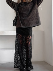 Lace Sheer Maxi Skirt paired with an oversized top, showcasing a trendy summer chic look.