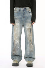 Front view of Baggy Jeans with Pockets showcasing distressed paint details and wide-leg silhouette for a trendy streetwear look.