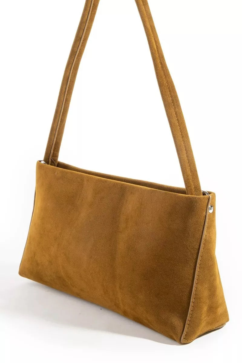 Fame Faux Suede Rectangle Bag in brown suede texture, stylish and versatile accessory for fashion-forward outfits.