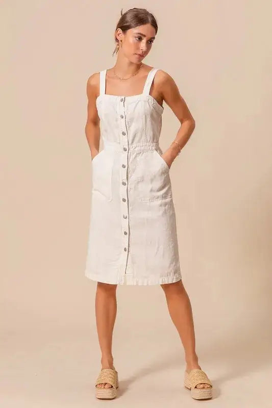 SO ME button down pinafore dress with front pockets in off-white cotton, ideal for layering and casual wear.