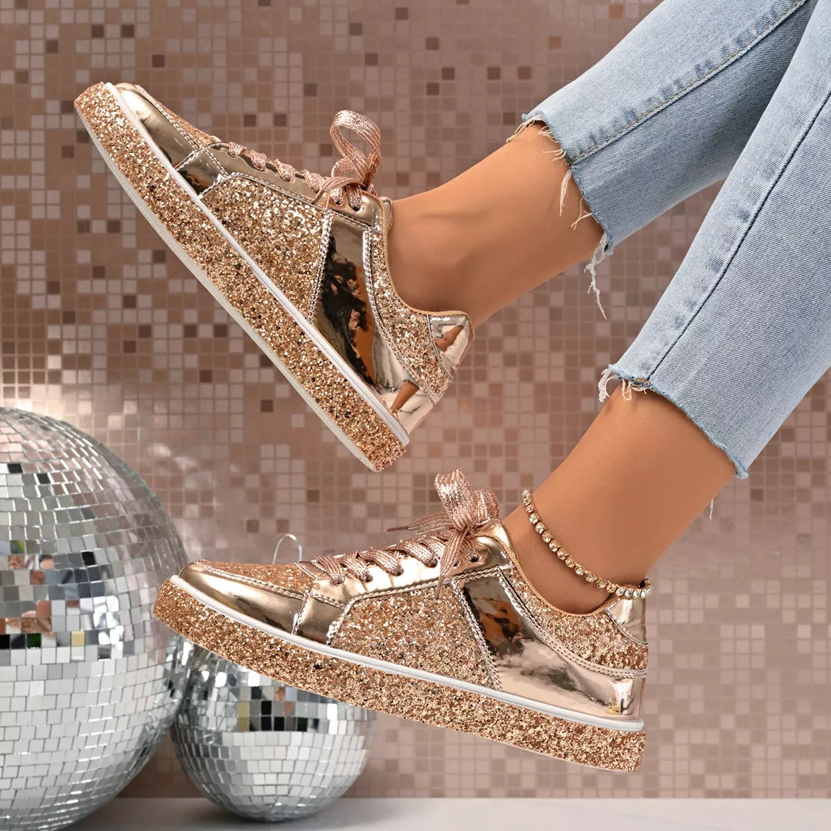 Fashionable Sequin Lace Up Sneakers in rose gold with sparkling sequins and PU leather, perfect for casual wear. No box included.