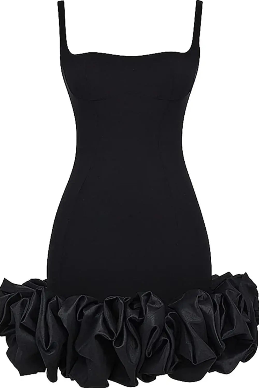 Flat lay of black Ruched Square Neck Sleeve Mini Dress from GirlSavvi, highlighting structured silhouette and ruffled hemline.