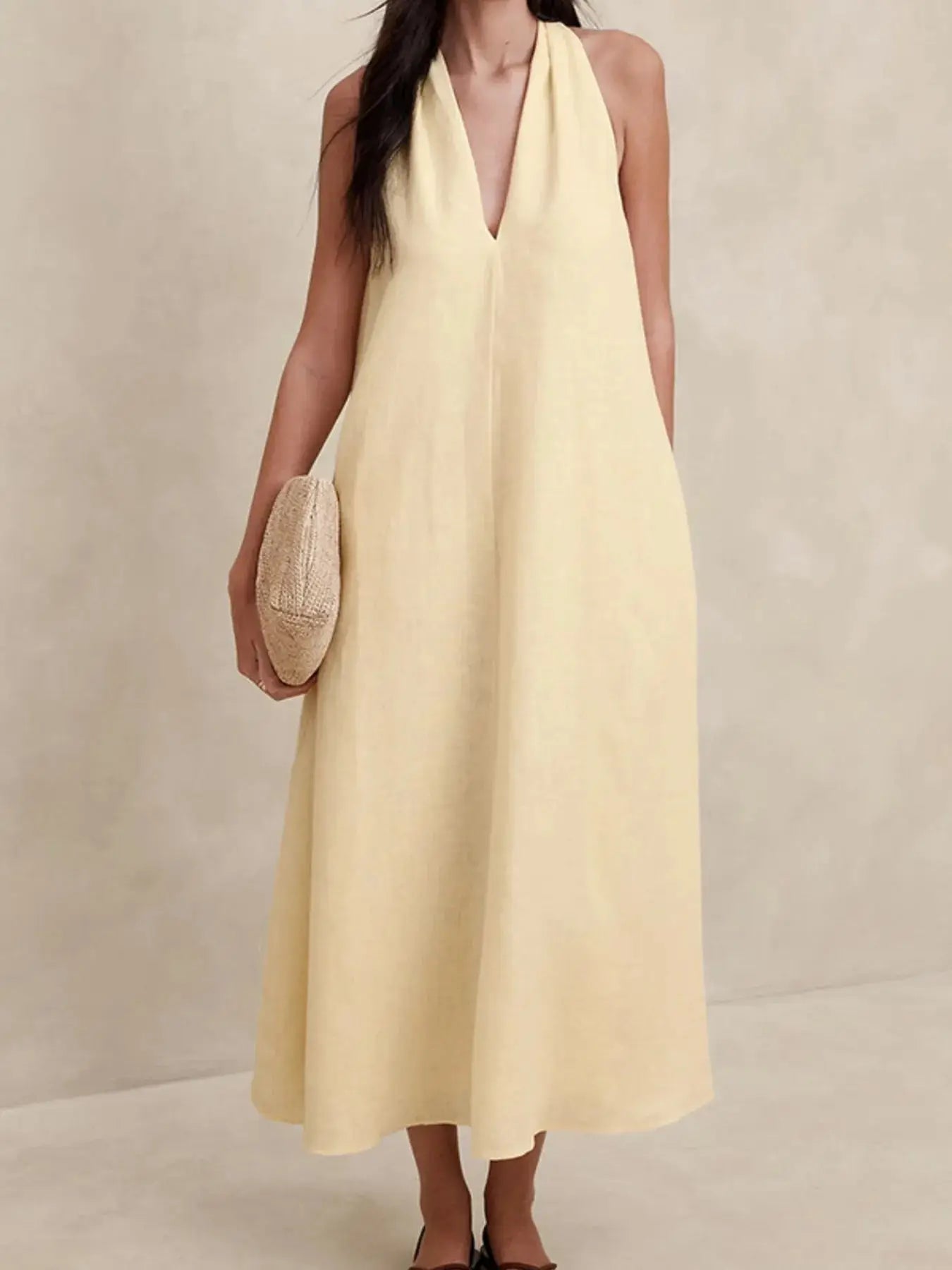 Halter V-Neck Linen Midi Dress.