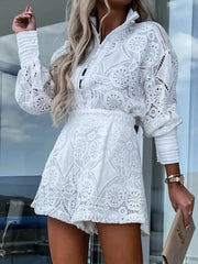 Feminine Lace Button Detail Long Sleeve Top and Shorts Set by GirlSavvi, showcasing delicate white lace and flattering silhouette for summer wear.