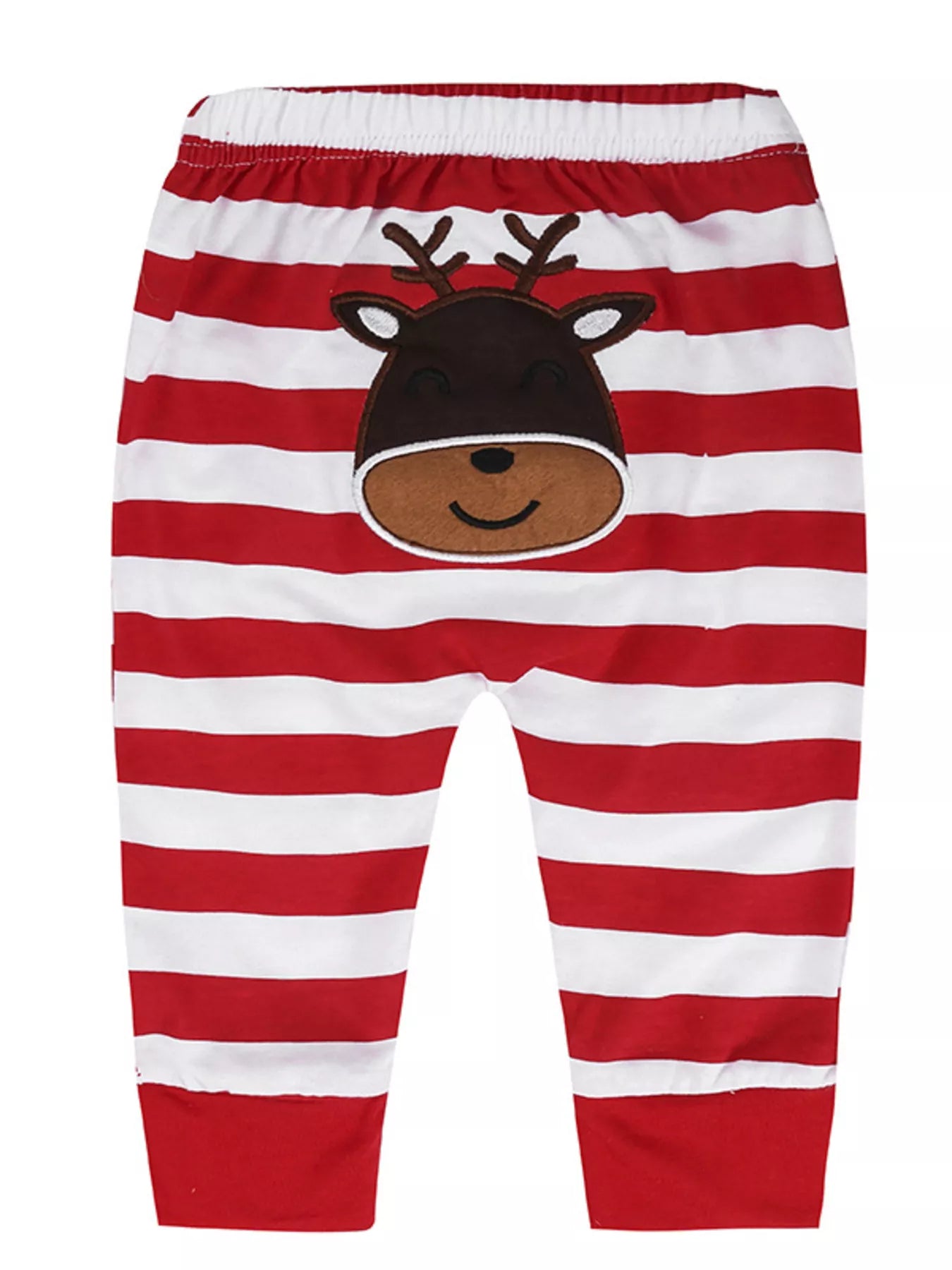 Children's My First Christmas Reindeer Baby Outfit Set red striped pants with reindeer design, cotton blend, holiday infant clothing.