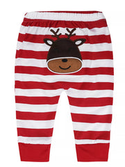 Children's My First Christmas Reindeer Baby Outfit Set red striped pants with reindeer design, cotton blend, holiday infant clothing.