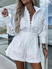 White Lace Button Detail Long Sleeve Top and Shorts Set from GirlSavvi featuring elegant embroidery and breezy fit for chic summer fashion.