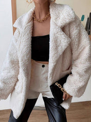 Fuzzy Open Front Long Sleeve Coat in cream with oversized lapels and textured fleece, styled with black crop top and leather pants.