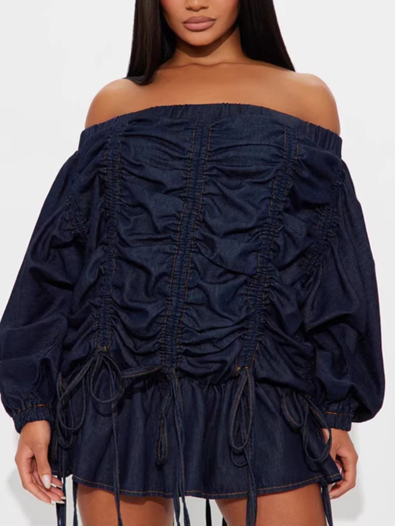 Off-Shoulder Ruched Denim Dress featuring drawstring and ruffled design, perfect for casual outings.
