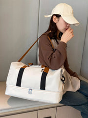 Woman with Multifunctional Waterproof Travel Duffel Bag in white, perfect for travel and gym use.