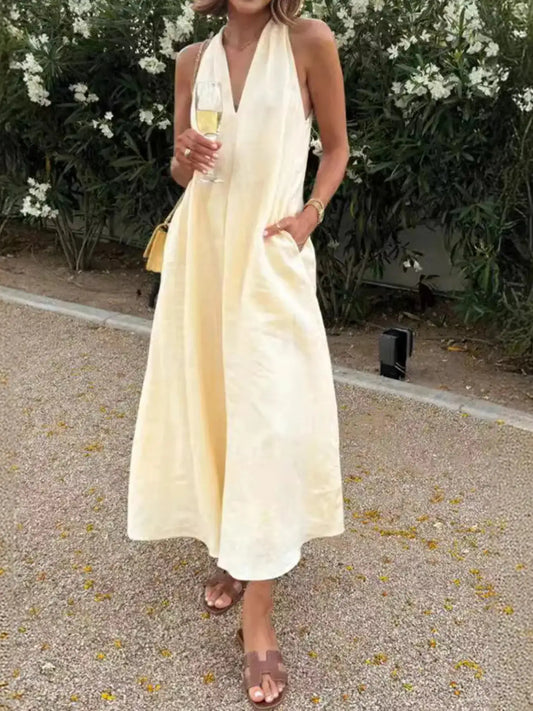 Halter V-Neck Linen Midi Dress.