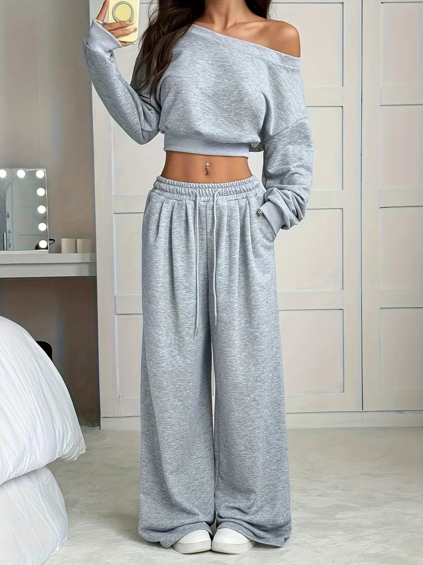 Full Size Crop Top & Wide Leg Pants Set featuring a relaxed off-shoulder top and wide leg pants in grey.
