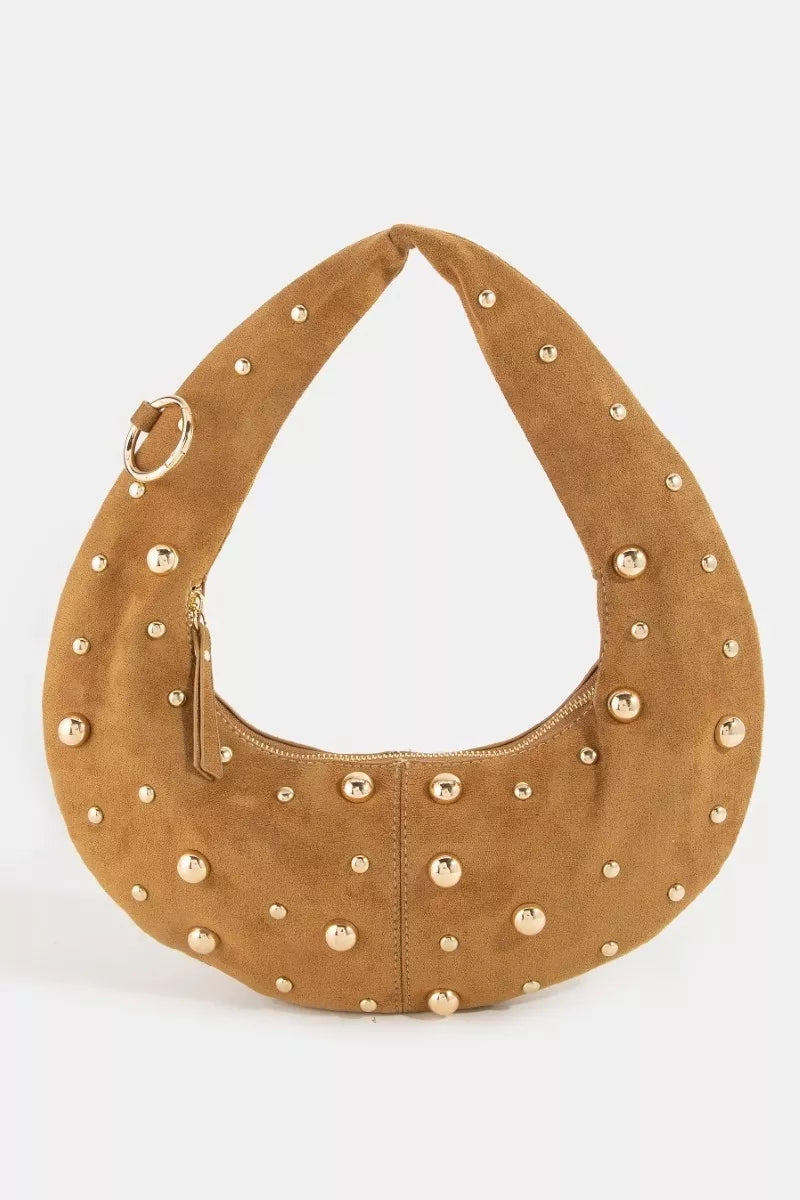 Fame Dome Studded Chrome Crescent Hand Bag with crescent shape and chrome studs