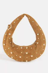 Fame Dome Studded Chrome Crescent Hand Bag with crescent shape and chrome studs
