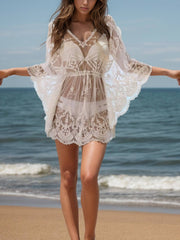 Front view of white Lace V-Neck Three-Quarter Sleeve Cover Up with elegant sheer lace and scalloped edges, perfect for swimwear layering.