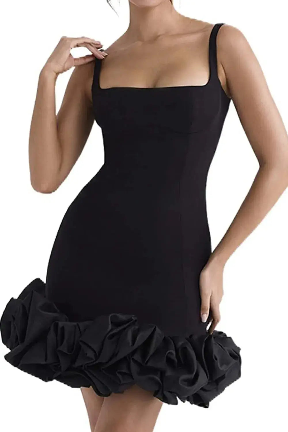 Chic black Ruched Square Neck Sleeve Mini Dress by GirlSavvi, featuring square neckline and bold ruffle detailing at the hem.