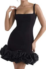 Chic black Ruched Square Neck Sleeve Mini Dress by GirlSavvi, featuring square neckline and bold ruffle detailing at the hem.