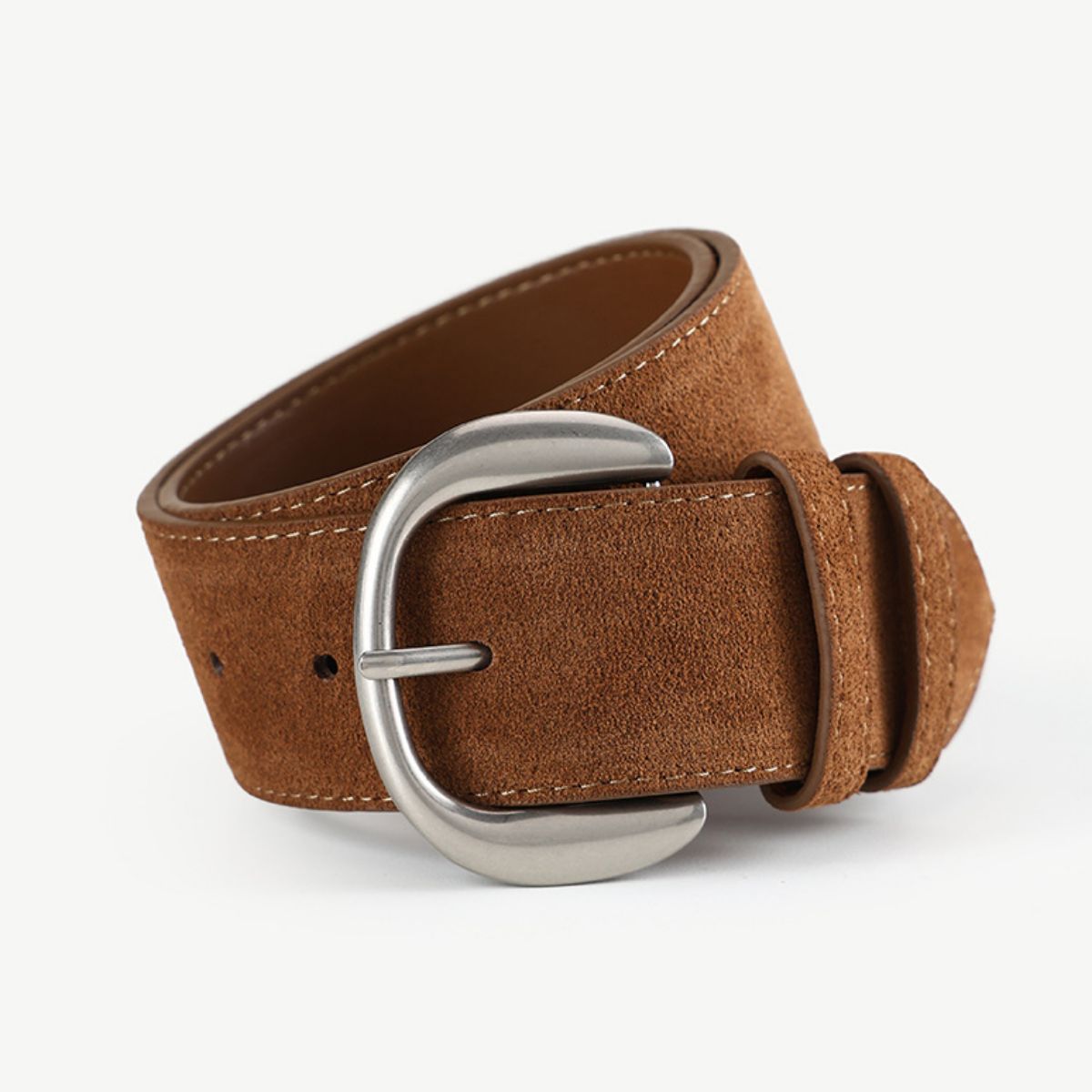 GirlSavvi Silver Buckle Leather Belt in brown cowhide with oversized silver buckle for chic style