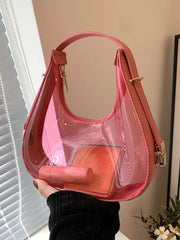 Pink PU Leather PVC Shoulder Bag with transparent body, combining playful color and functionality for casual fashion.
