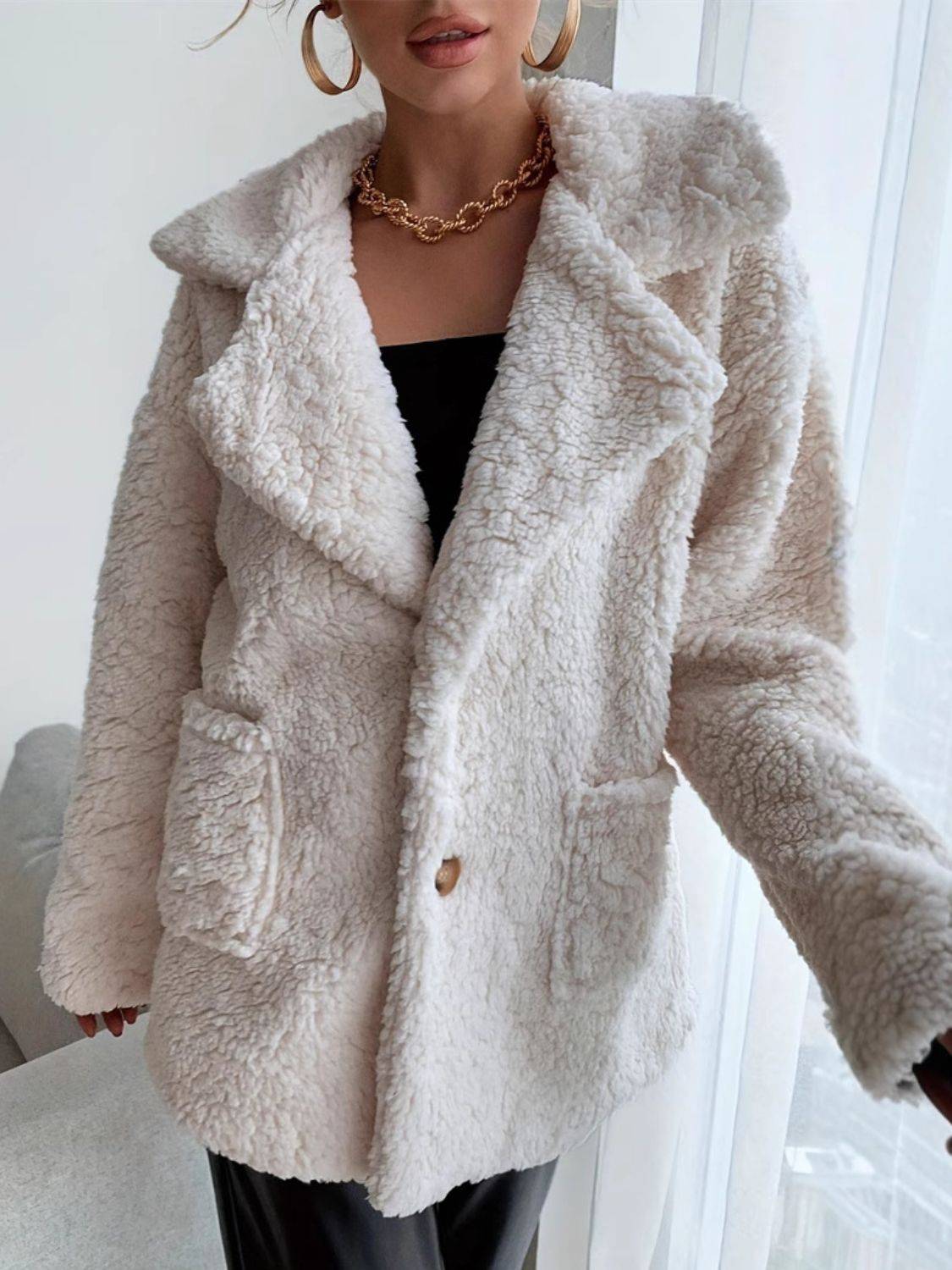 Fuzzy Open Front Long Sleeve Coat with button accent and soft fleece material, ideal for stylish comfort in cold weather fashion.