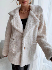 Fuzzy Open Front Long Sleeve Coat with button accent and soft fleece material, ideal for stylish comfort in cold weather fashion.