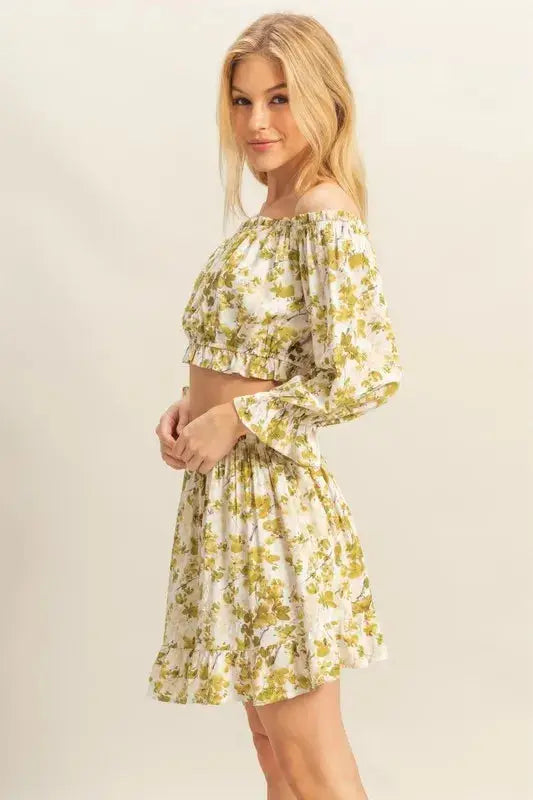 Side view of HYFVE Floral Off-Shoulder Flounce Sleeve Top and Skirt Set showing elastic waist and flowy silhouette, perfect for casual chic looks.