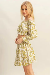 Side view of HYFVE Floral Off-Shoulder Flounce Sleeve Top and Skirt Set showing elastic waist and flowy silhouette, perfect for casual chic looks.
