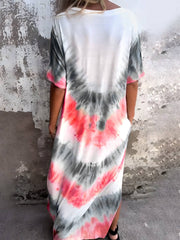Back view of coral and gray Tie-Dye Pocketed Dress. Features soft fabric, side pockets, and casual loose fit.
