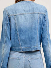 Rear view of Snap Down Dropped Cargo Denim Jacket in light blue denim, showing tailored back panel and cropped hem design.