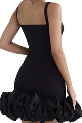 Back view of black Ruched Square Neck Sleeve Mini Dress by GirlSavvi, with zipper closure and voluminous ruffle skirt design.