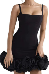 Black Ruched Square Neck Sleeve Mini Dress from GirlSavvi with structured bodice and flouncy hem, perfect for cocktail parties.