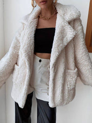 Front view of Fuzzy Open Front Long Sleeve Coat featuring large patch pockets and cozy open front design for chic winter layering.