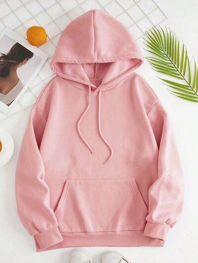 Pink Drawstring Dropped Shoulder Hoodie with kangaroo pocket, ideal for casual fashion streetwear style in women's apparel.