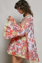 POL Striped Floral Long Sleeve Mini Dress with Pintuck Detail showcased on model, highlighting V-neckline and ruffle cuffs.