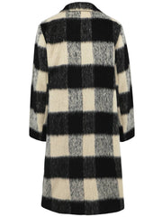 Rear flat view of black and cream Plaid Double-Breasted Long Sleeve Coat highlighting the checkered pattern and mid-length cut.
