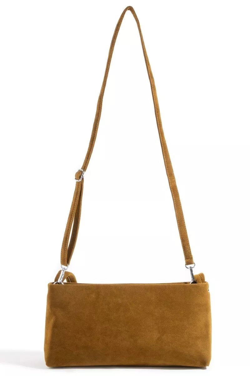 Fame Faux Suede Rectangle Bag in brown with adjustable strap, offering a stylish and versatile accessory for any outfit.