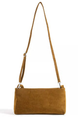 Fame Faux Suede Rectangle Bag in brown with adjustable strap, offering a stylish and versatile accessory for any outfit.