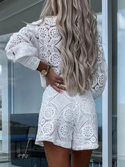 Back view of GirlSavvi Lace Button Detail Long Sleeve Top and Shorts Set, highlighting detailed lace pattern and relaxed summer fit.