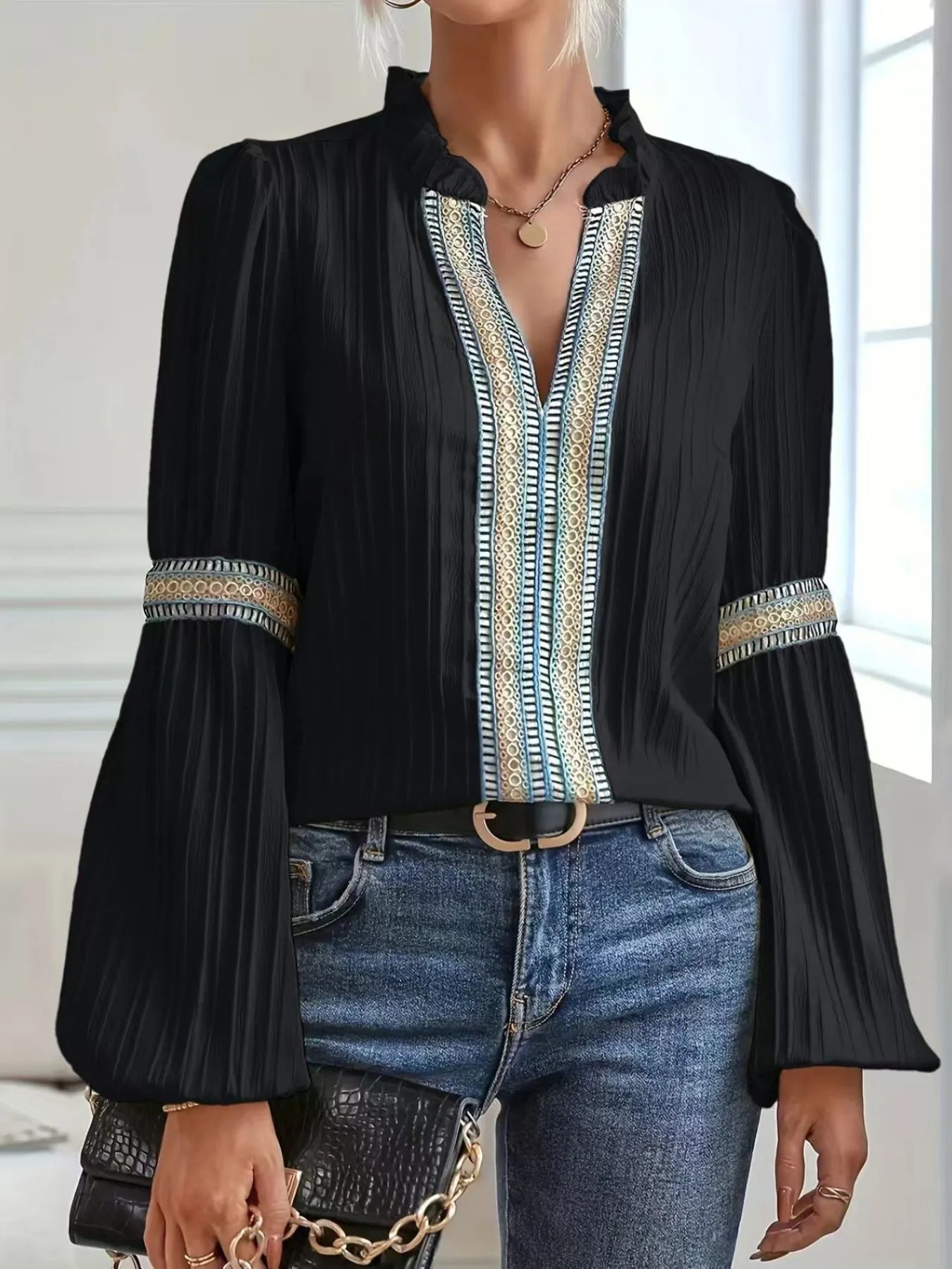 Notched Textured Balloon Sleeve Blouse with elegant pleats and embroidered trim, creating a polished look, ideal for elevating everyday outfits.