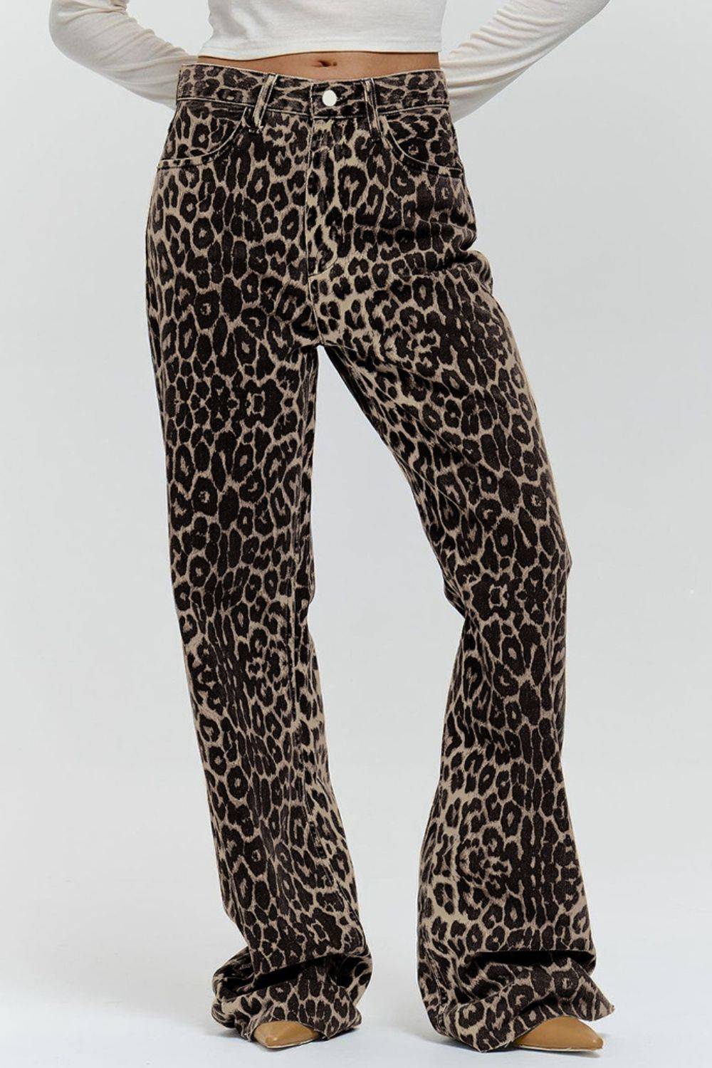 Leopard Wide Leg Pants with Pockets featuring a high-rise fit and bold animal print, perfect for stylish comfort in casual wear.