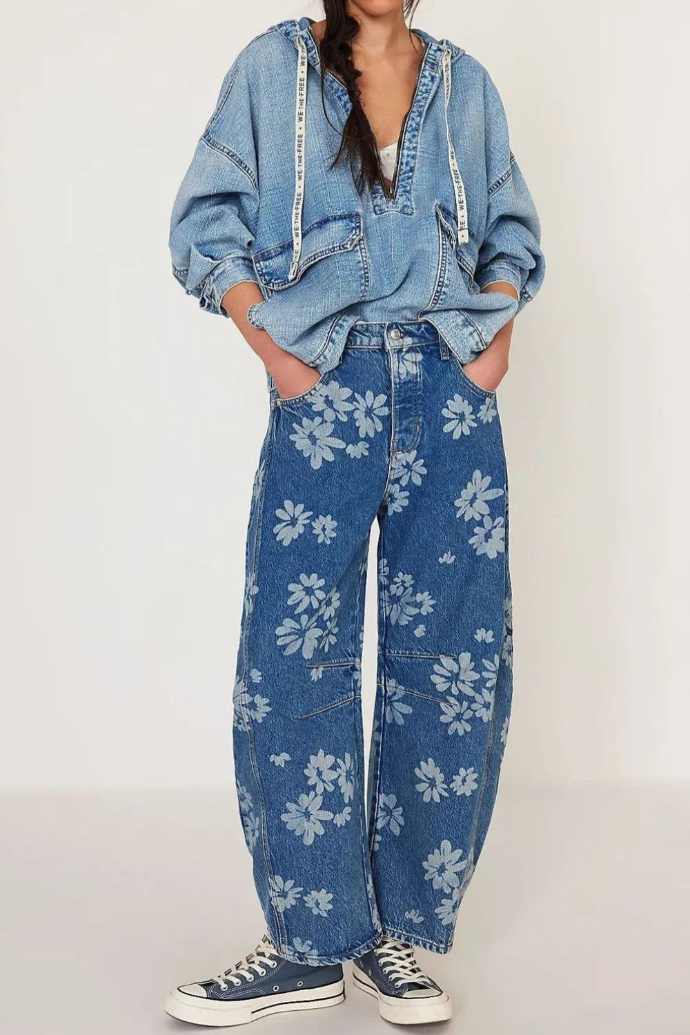 Model wearing Flower Print Wide Leg Pants with floral pattern and casual denim top, ideal for summer and spring styles.