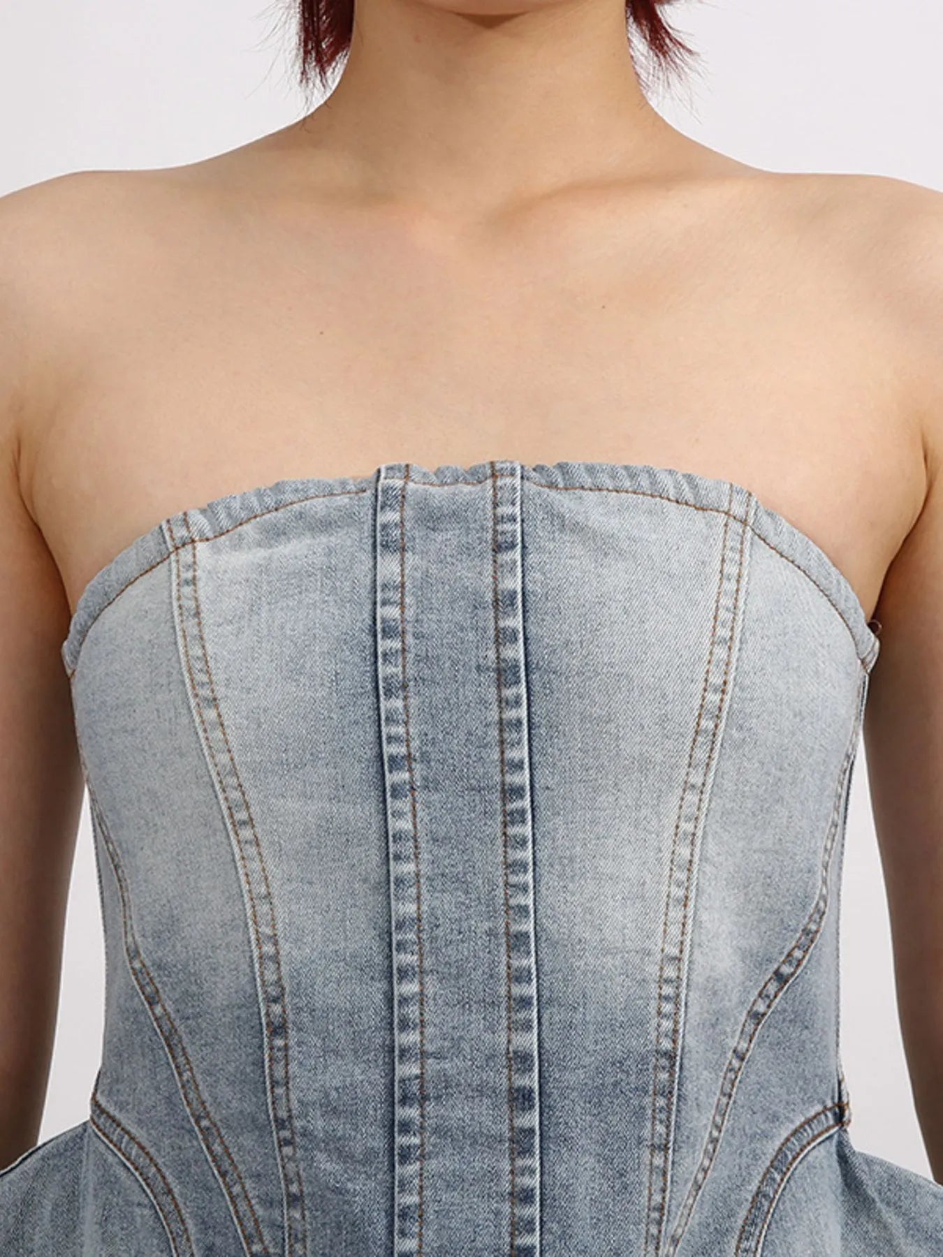 Zip Back Denim Tube Top with panel details and modern denim finish
