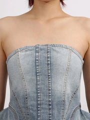 Zip Back Denim Tube Top with panel details and modern denim finish