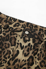 Waistband detail of Leopard Wide Leg Pants with Pockets featuring a metal button closure and structured waistband for secure fit.