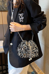 Chic and Charming | Sequin Chain Drawstring Bucket Bag