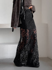 Lace Sheer Maxi Skirt featuring a floral pattern and sheer fabric, perfect for a summer chic look.