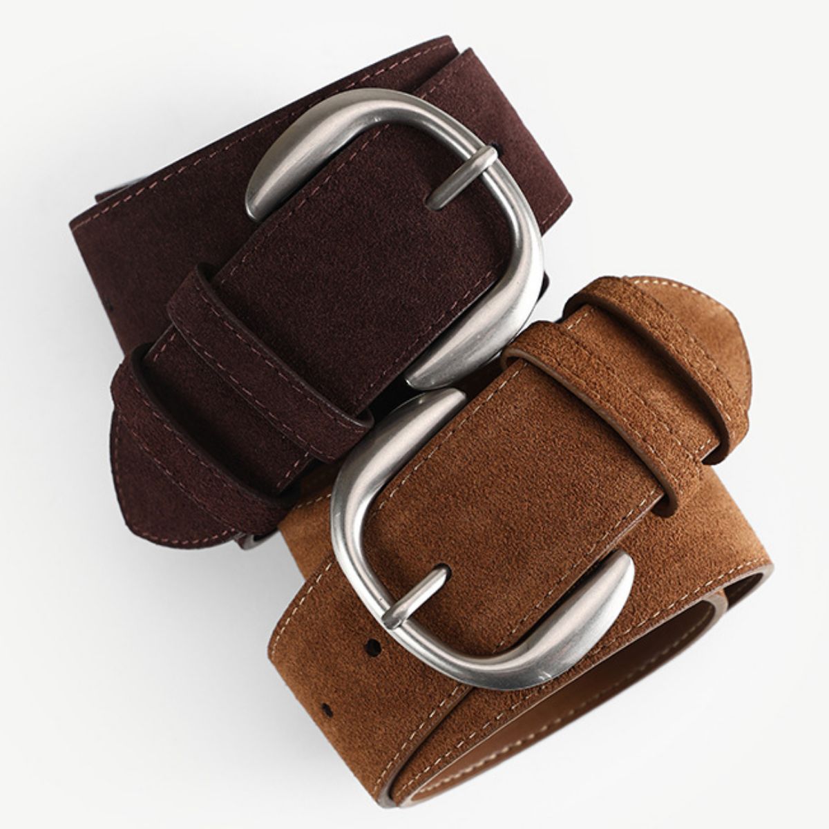 GirlSavvi Silver Buckle Leather Belt in brown and black leather with oversized silver buckle.