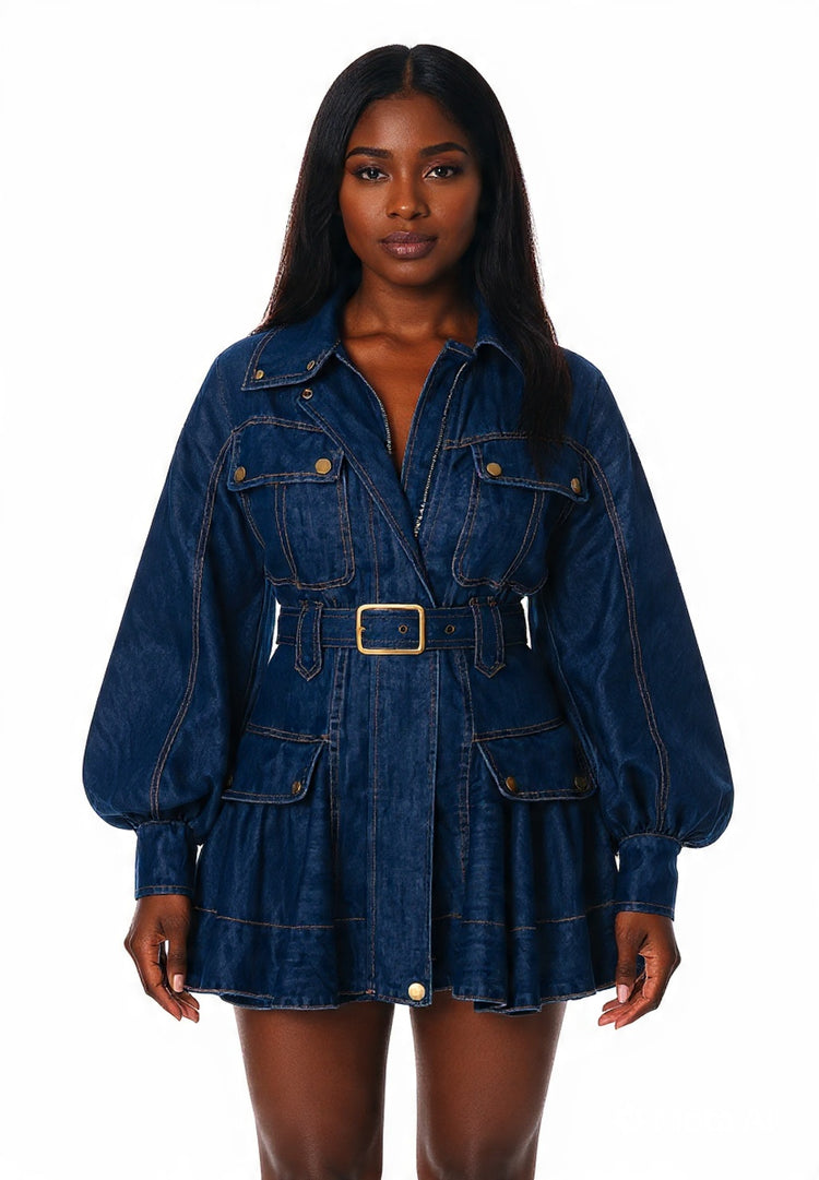 Denim Dress with Flare Chic Dress featuring a belted waist and structured silhouette in a dark denim fabric.